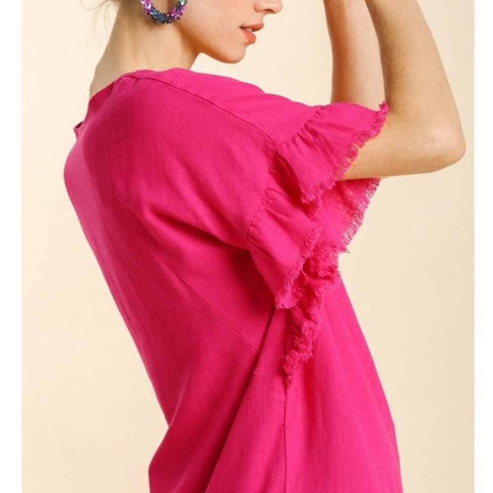 Umgee Pink Linen Ruffle Sleeve Top - Picture 3 of 10